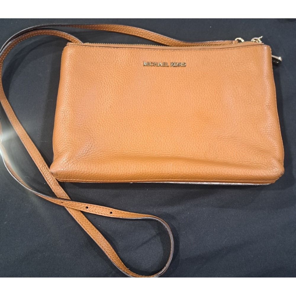 Michael Kors Jet Set Signature MK Large Double Zip Crossbody Brown Tan Leather - Picture 11 of 13